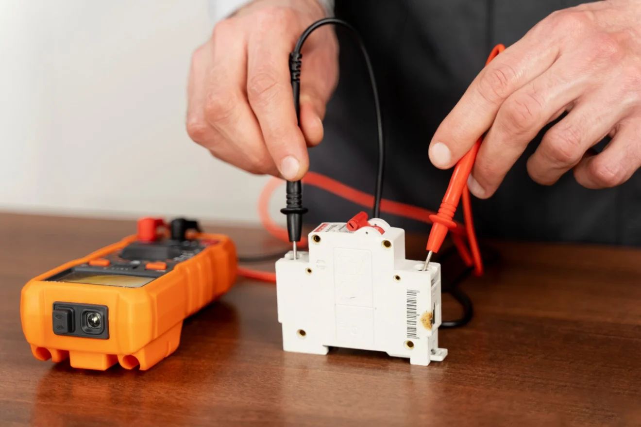 Electrician testing a circuit breaker with a multimeter